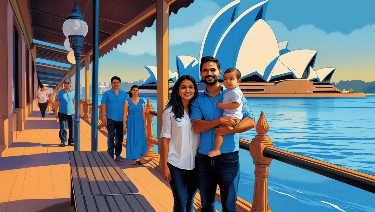 thin indian woman thin indian man and baby in front of sydney opera house wearing western clothes