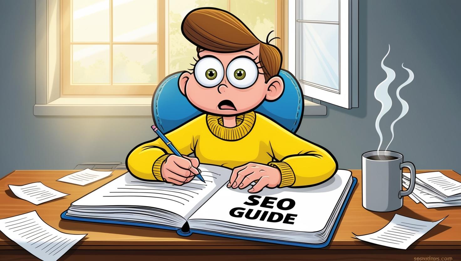 shocked cartoon character writing a seo guide in a quiet environment